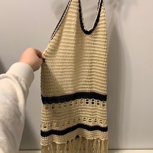 Black and Cream crochet vintage Havana halter top open back with fringe detail